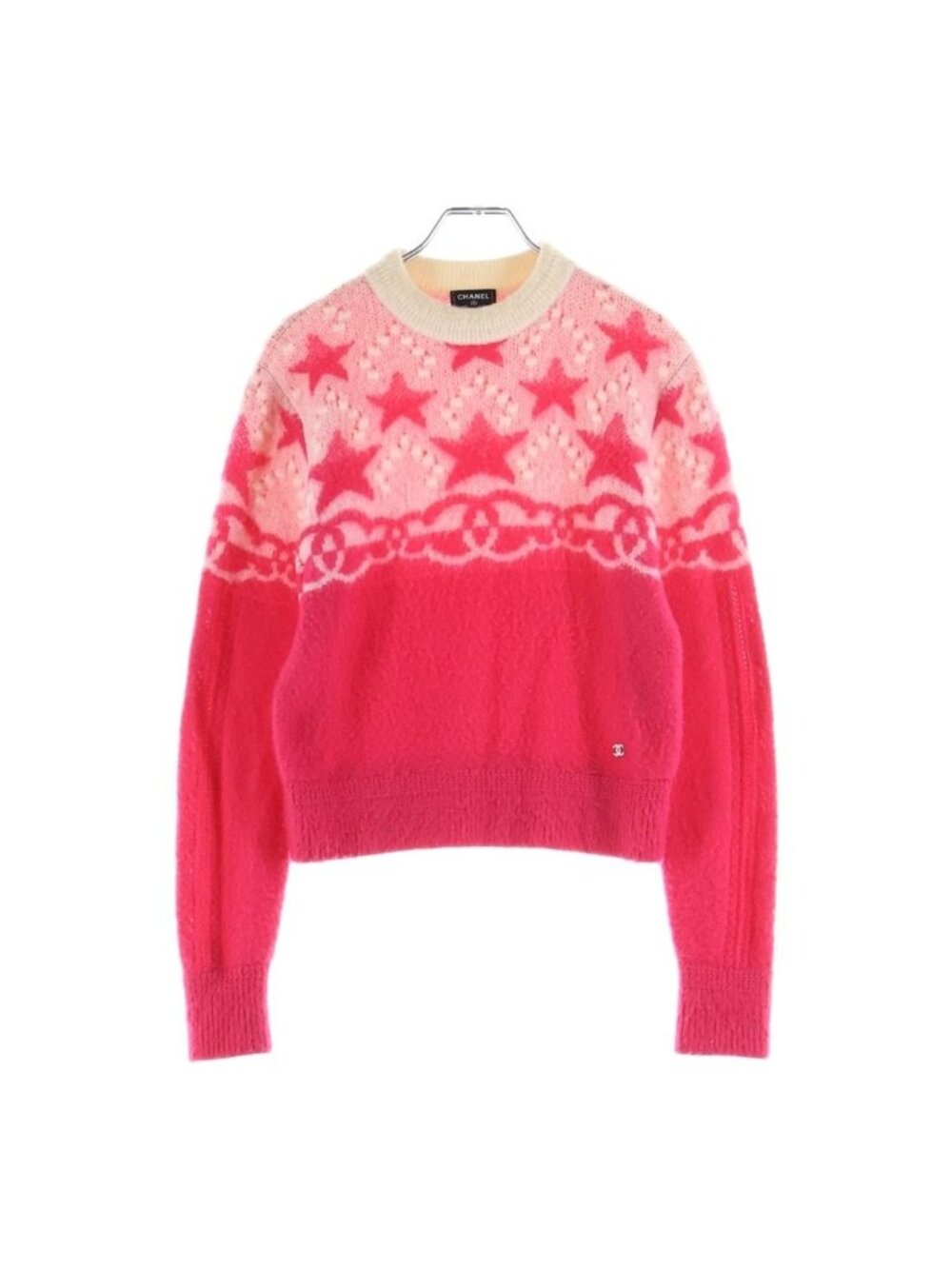 Chanel 23 AW Star Motif Rib Neck Cashmere Knit Sweater Pink White